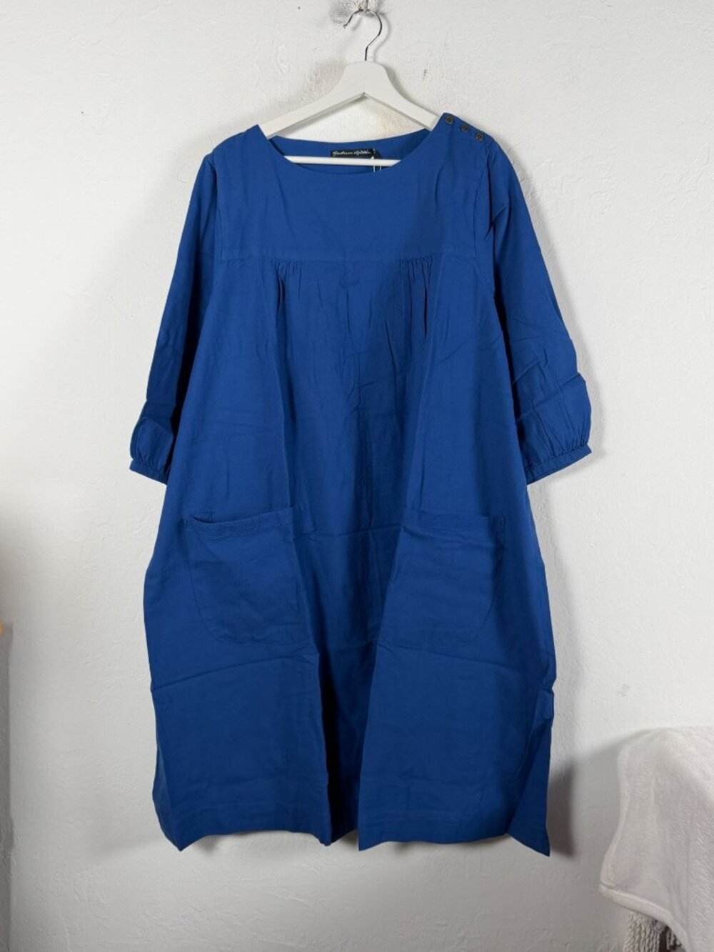 Gudrun Sjoden Benedita Dress Blue Pocket Button Shoulder Lagenlook Medium New